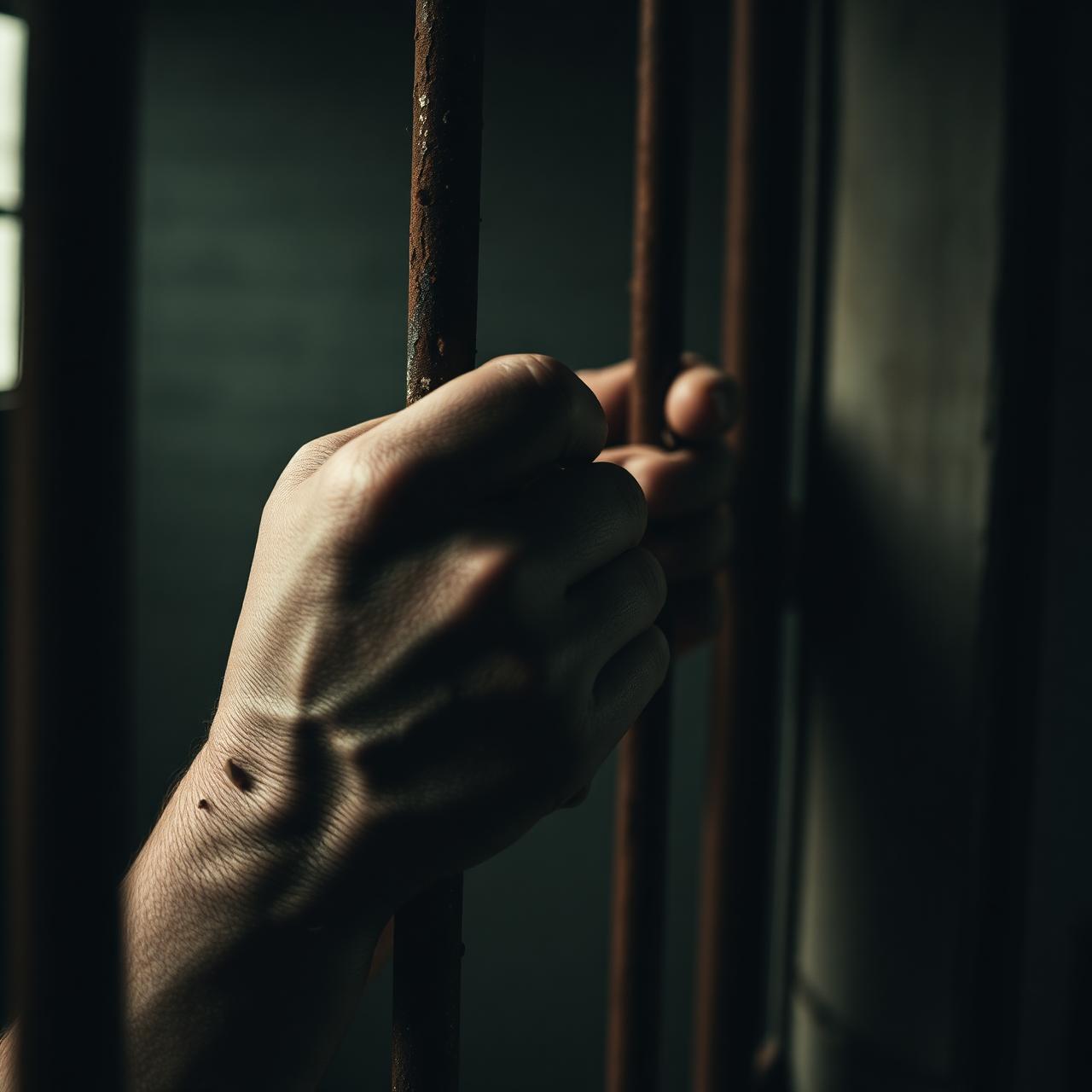 Hands gripping prison cell bars